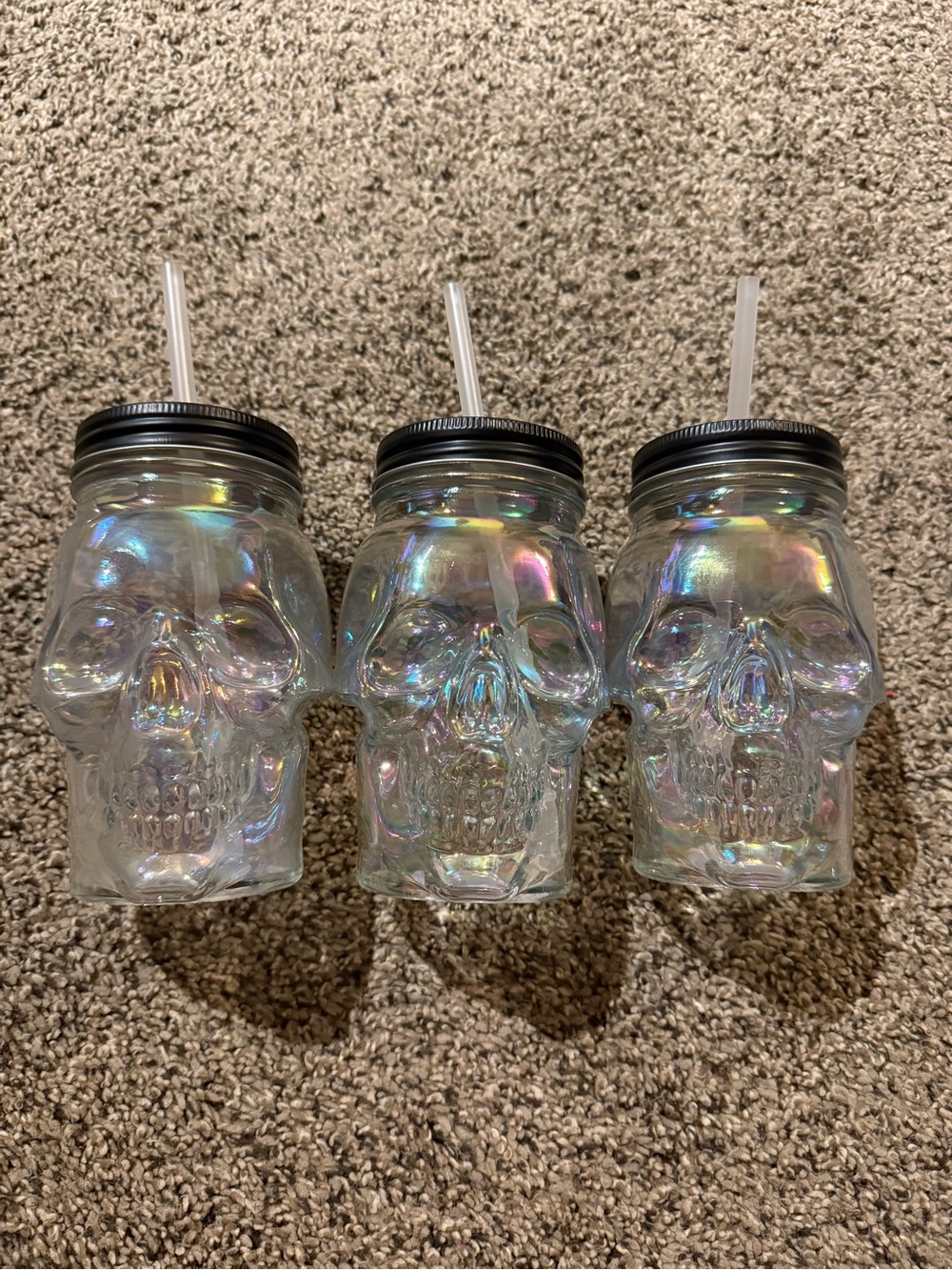 Iridescent Skull Mason Jar Tumblers with Lids & Straws - Set of 3
